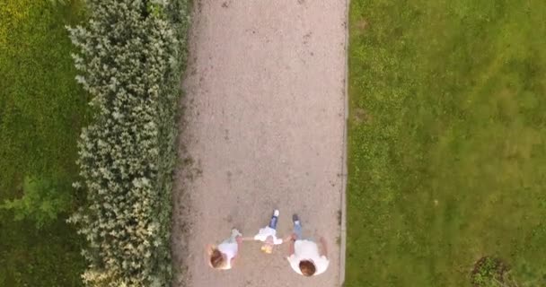 Dolly shot of a happy young European family walking together in a park. — Stock Video