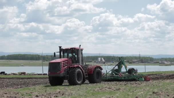 Traktor fährt auf Landstraße in Acker in der Nähe eines Sees — Stockvideo