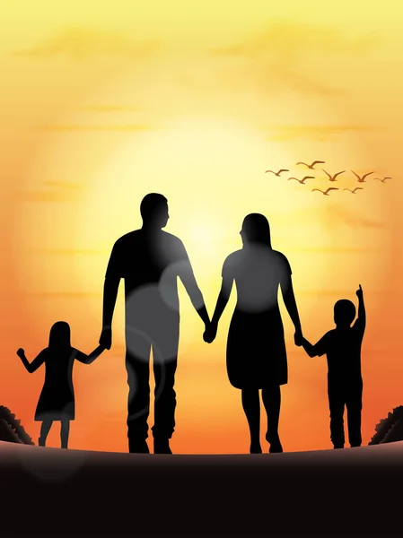Siluet bir aile yürüyüş. Üst ve gün batımına doğru yürüyen iki çocukları. Düzenlemek veya tamamen arka plan çıkarmak kolay.