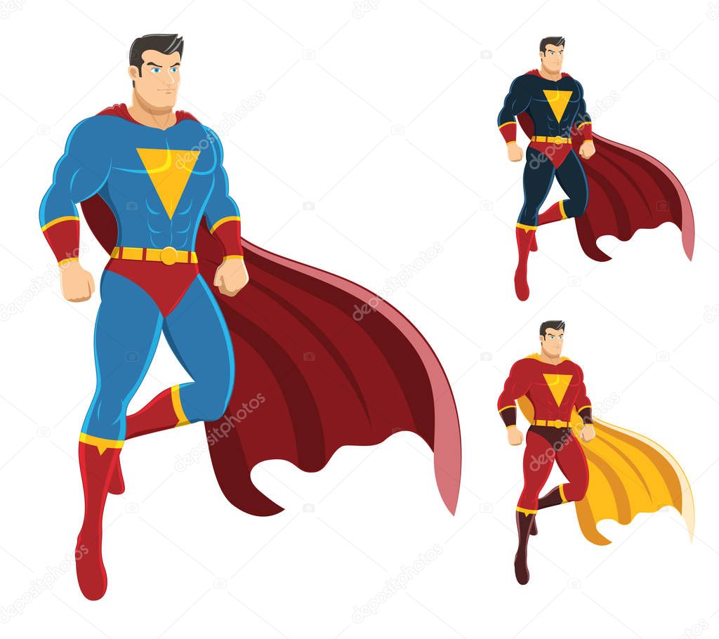 Male superhero hovering in the air. On the right are 2 additional versions. No gradients used. High resolution JPG, PNG (transparent background) and AI files are included. 