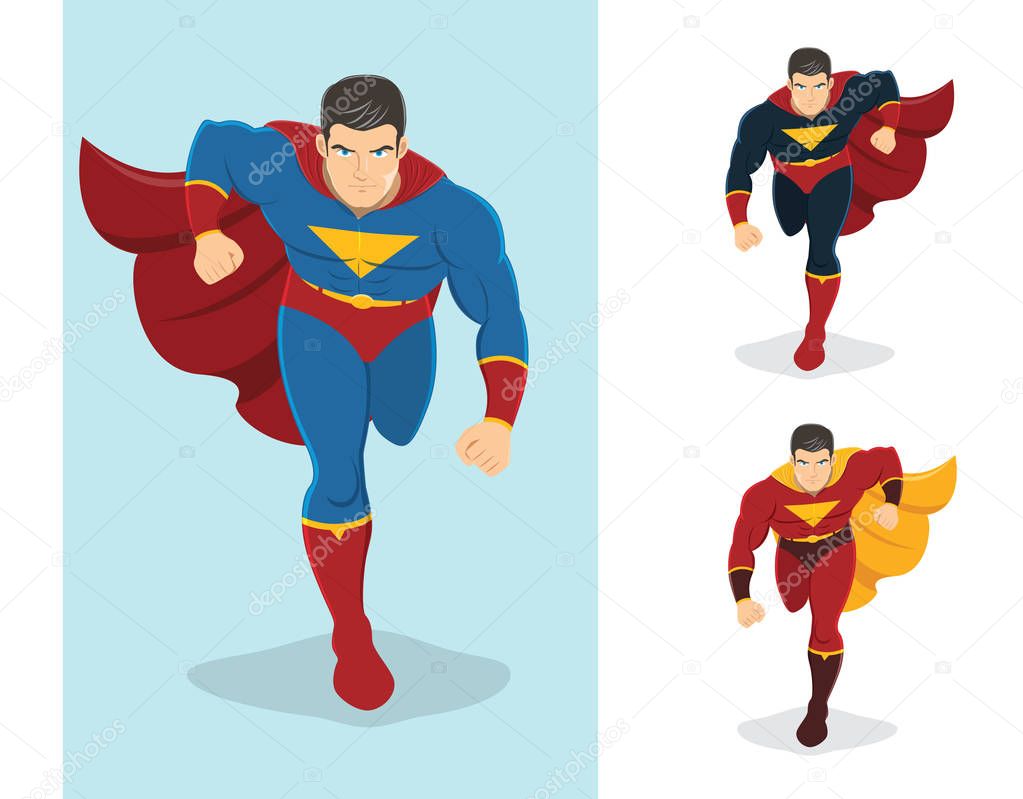 Superhero running forward. Superhero in action. Ready to fight. On the right are 2 additional versions.