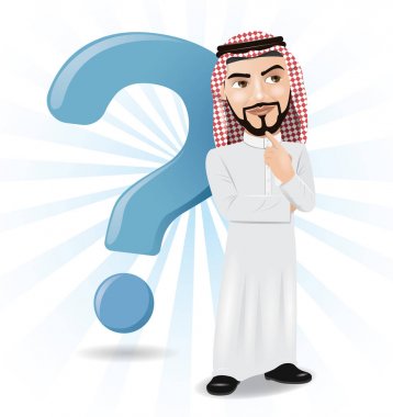 Arap adam büyük soru işareti arka plan ile düşünme gösteren resim