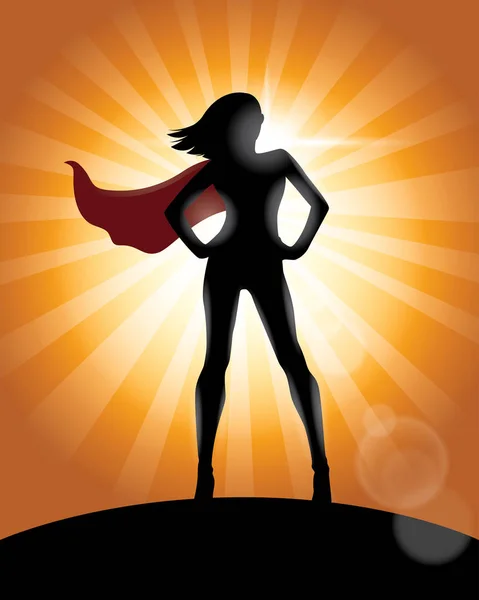 Superhero Κορίτσι Στέκεται Ακρωτήριο Κυματίζει Στη Σιλουέτα Της Wind — Διανυσματικό Αρχείο
