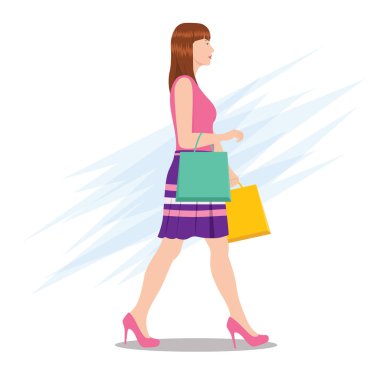 Alışveriş torbaları ile yürüyen bir kadın yan görünüm