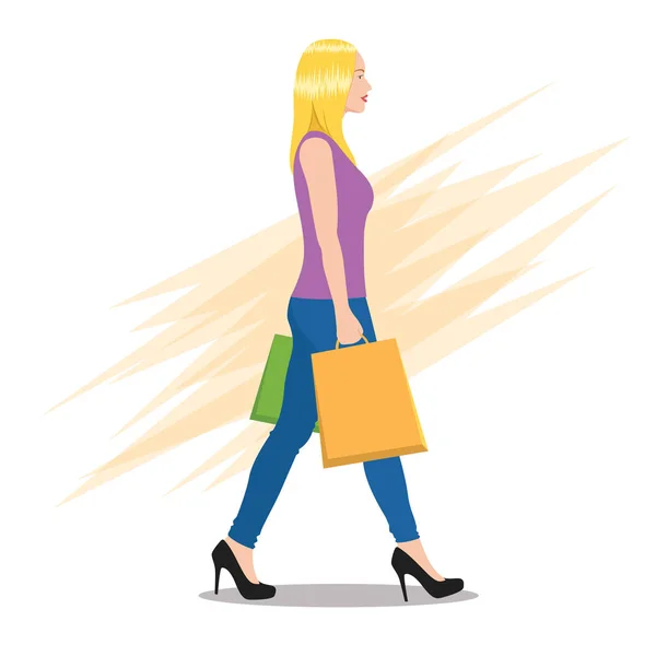 Side View Young Woman Walking Shopping Bags - Stok Vektor