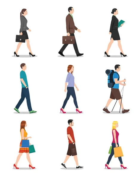 Vista Lateral Hombres Mujeres Caminando — Vector de stock