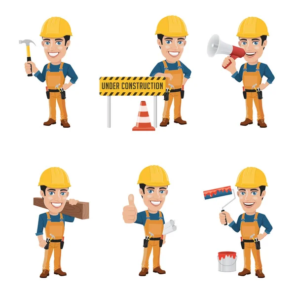 Conjunto Carácter Trabajador Construcción Poses Diferentes — Vector de stock