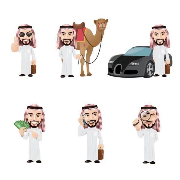 Arabian Man Character Set Ricco Arabo Con Auto Cammello — Vettoriale Stock