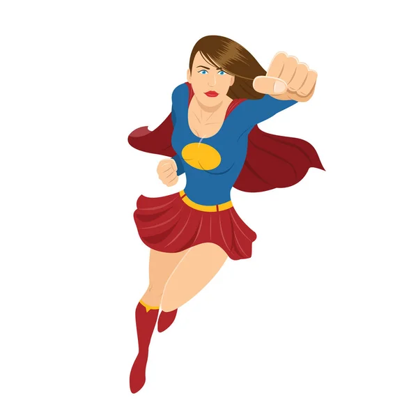 Female Superhero Flying Red Cape Fist Ready Fight — Stock Vector