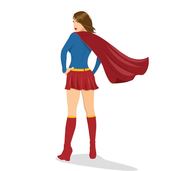 風に流れる赤ケープ付き女性のスーパー ヒーローの背面図 — ストックベクタ