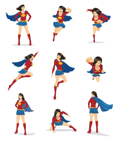 Conjunto Superheroína Feminina Poses Diferentes —  Vetores de Stock