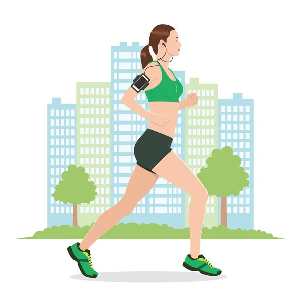 Ilustración Una Mujer Corriendo Mientras Escucha Música — Vector de stock