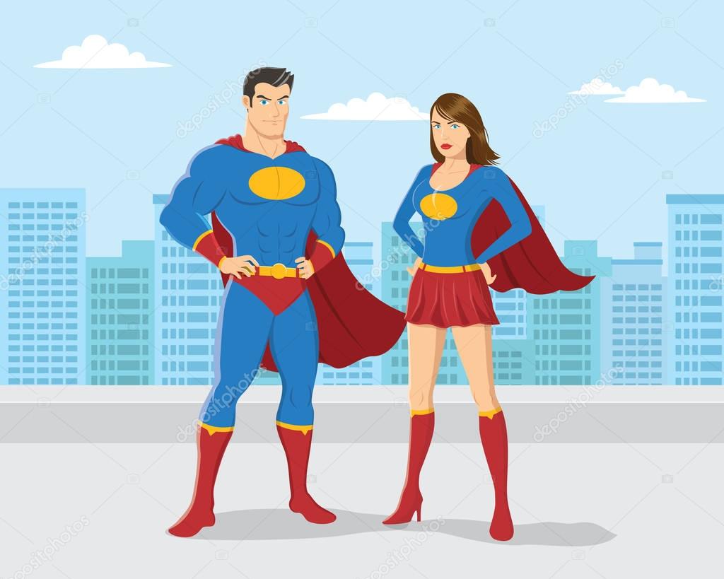 Superhero Couple with City Skyline Background