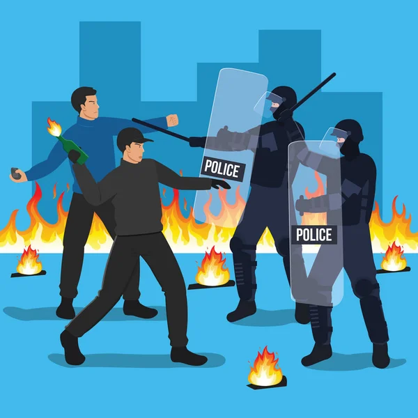 Riot Police Officers Clash Protesters — Stock Vector