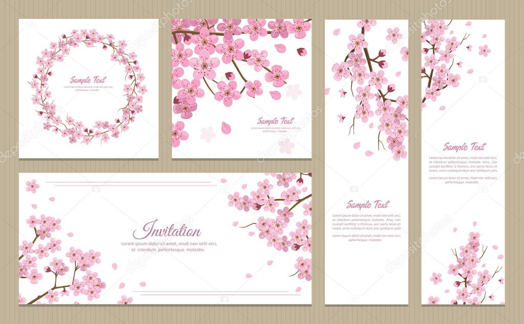 set sakura greeting cards banners invitation card — stock