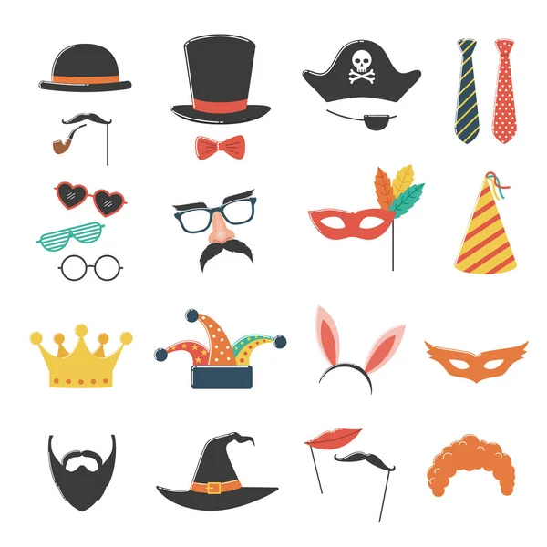 Conjunto Cumpleaños Fiesta Con Sombrero Máscara Disfraz Gafas Barba — Vector de stock