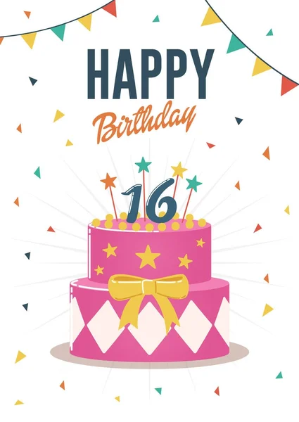 Doğum günü tebrik ve davetiye kartı ile sweet 16 doğum günü pasta illüstrasyon.
