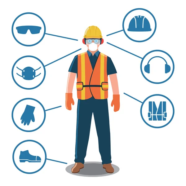 Arbeiter Mit Persönlicher Schutzausrüstung Und Sicherheitssymbolen — Stockvektor