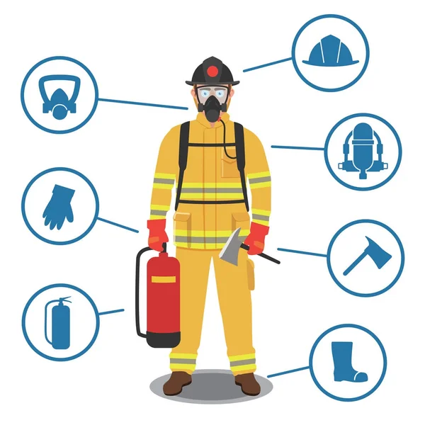 Feuerwehrausrüstung Ausrüstung Und Werkzeuge Mit Vollschutzanzug — Stockvektor