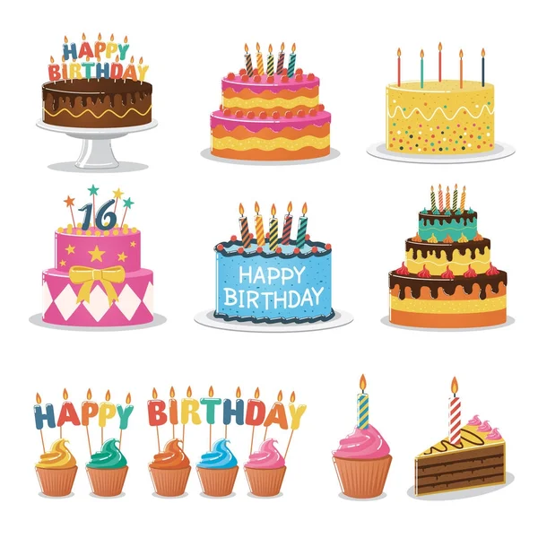 Set Birthday Cakes Birthday Party Elements — Stock Vector