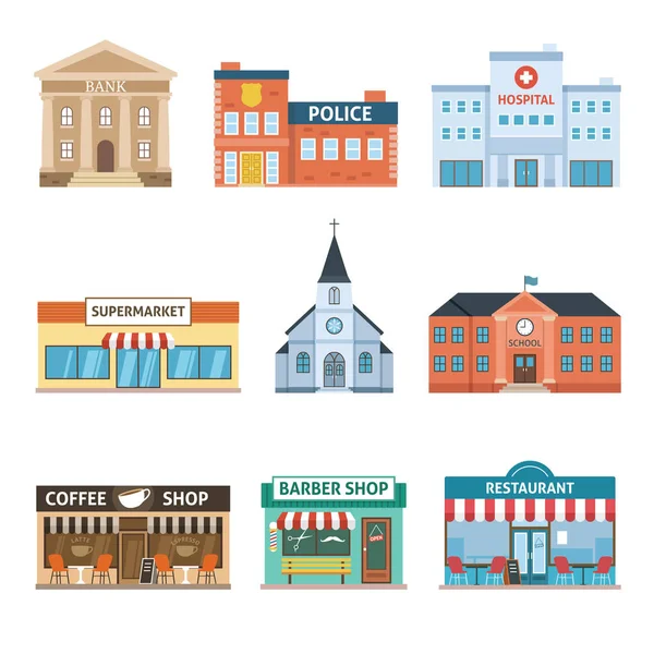 Set Buildings Bank Hospital Police Supermarket Church School Coffee Shop — Stock Vector