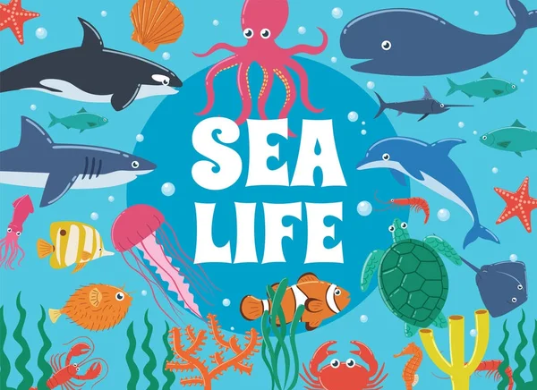 Kehidupan Laut Dunia Bawah Air Dengan Makhluk Laut - Stok Vektor