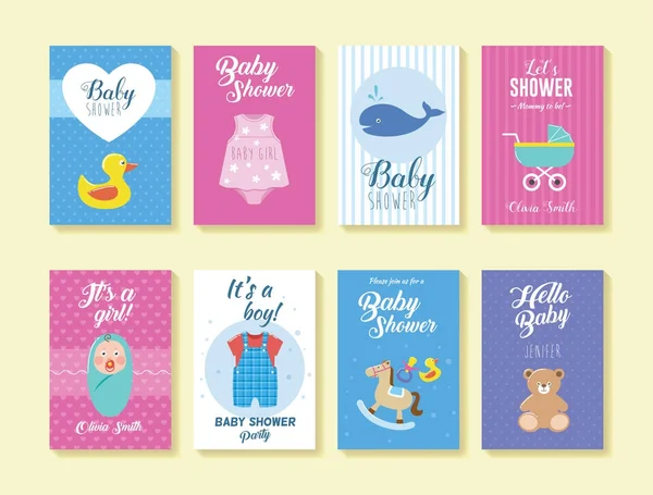 Ensemble Cartes Vœux Invitation Pour Douche Bébé Vol — Image vectorielle