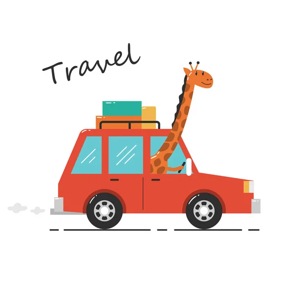 Giraffe Rijdende Auto Giraf Gaat Vakantie — Stockvector