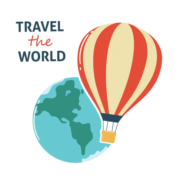 Weltreise Mit Heißluftballon Und Erdillustration — Stockvektor
