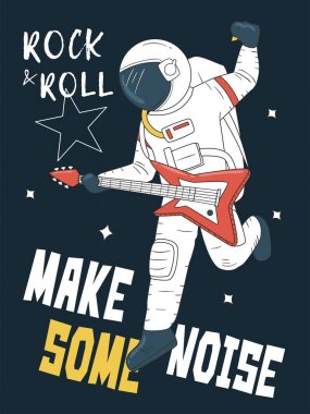 Astronot uzayda gitar çalıyor. Rock ve roll. Vektör çizim t-shirt ve baskı tasarımı için