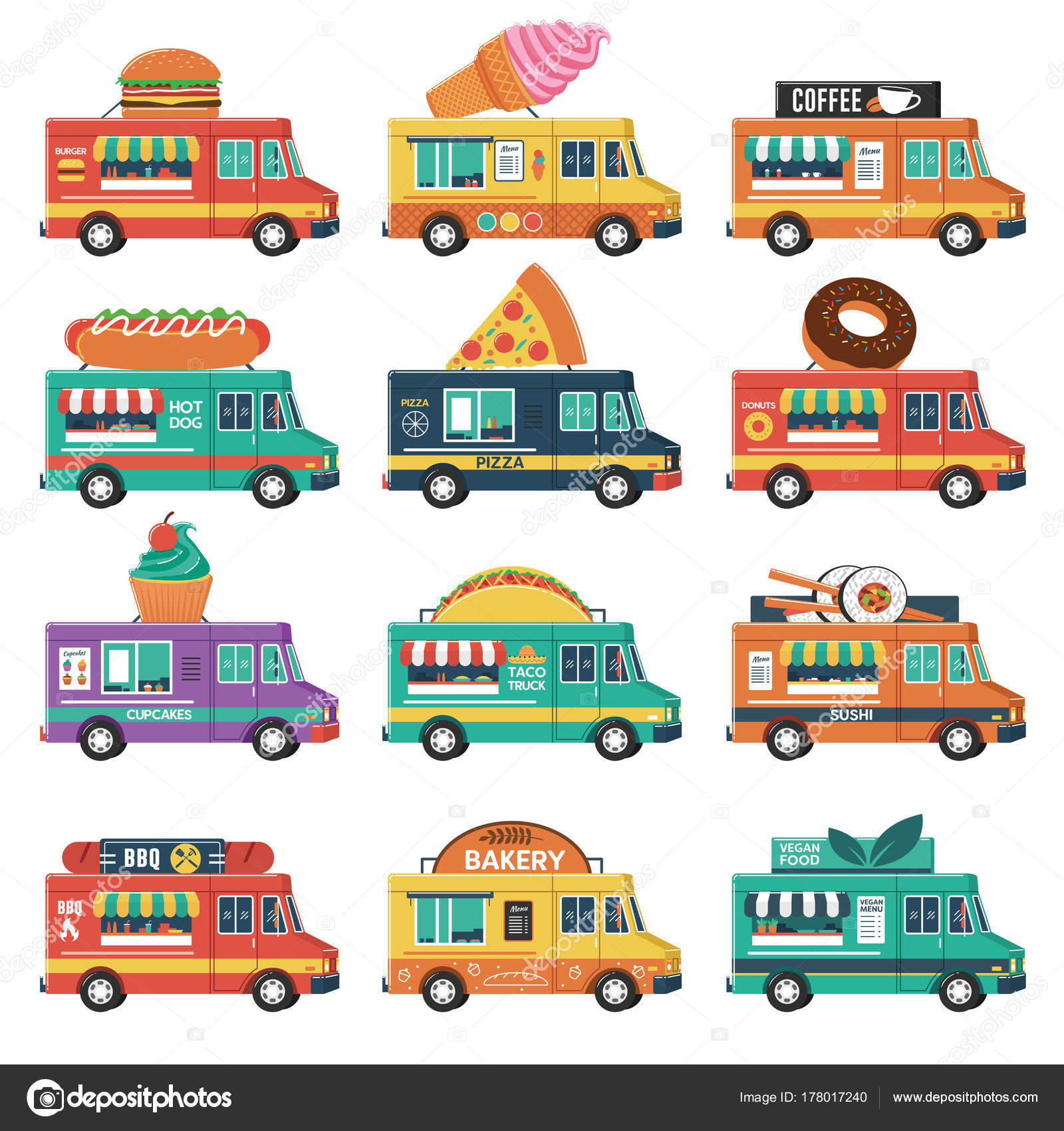 Set Food Trucks Burger Ice Cream Coffee Cakes Pizza Sushi