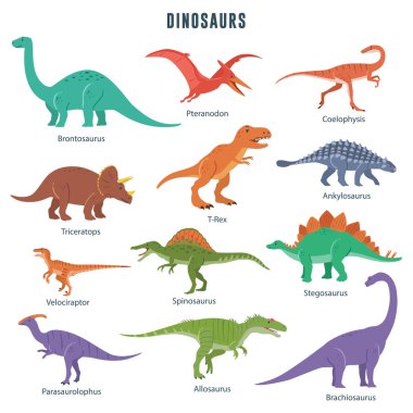 T-rex, dinozor, Triceratops, Velociraptor, Pteranodon, Allosaurus, vb dahil olmak üzere dinozorlar kümesi. Beyaz izole