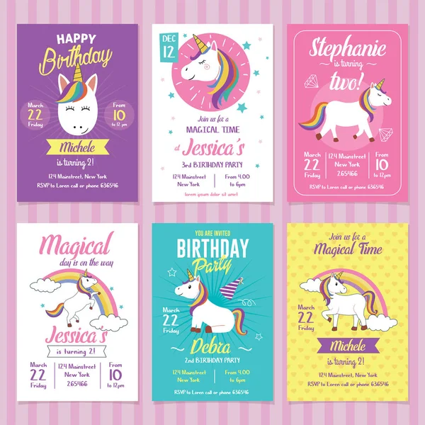 Ensemble Cartes Invitation Pour Anniversaire Licorne — Image vectorielle