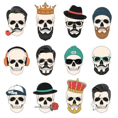 Set of hipster skulls with hair, crowns, hats, headphones, etc clipart