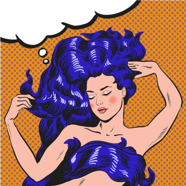 Genç kadın uzun saçlı pop art comic vektör çizim ile