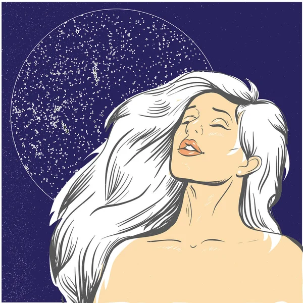 Blonde Frau bei Nacht mit Mond-Vektor-Illustration — Stockvektor