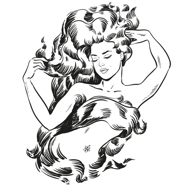 Becautiful νεαρή γυναίκα με μακριά μαλλιά γραμμή τέχνη διανυσματικά εικονογράφηση — Διανυσματικό Αρχείο