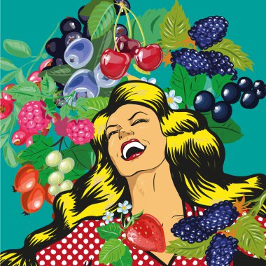 Çilek arka plan ile mutlu kadın