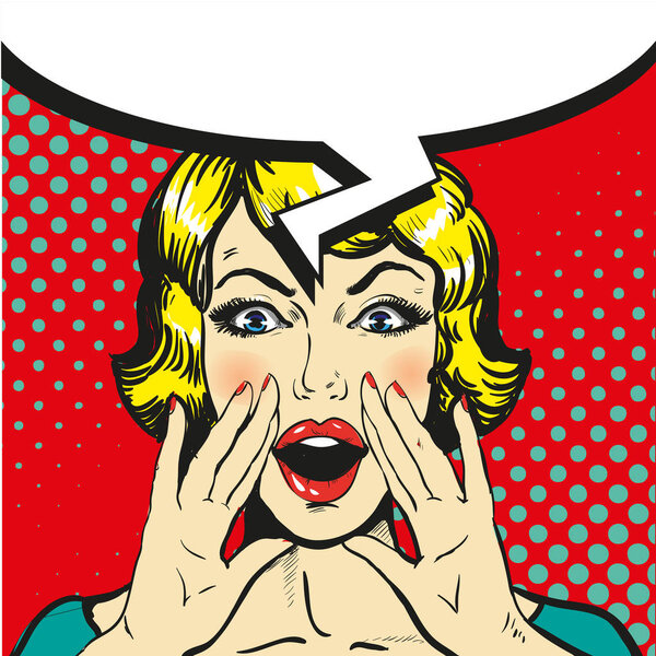 Женщина, кричащая ретро-вектор поп-арта. Речевой пузырь
