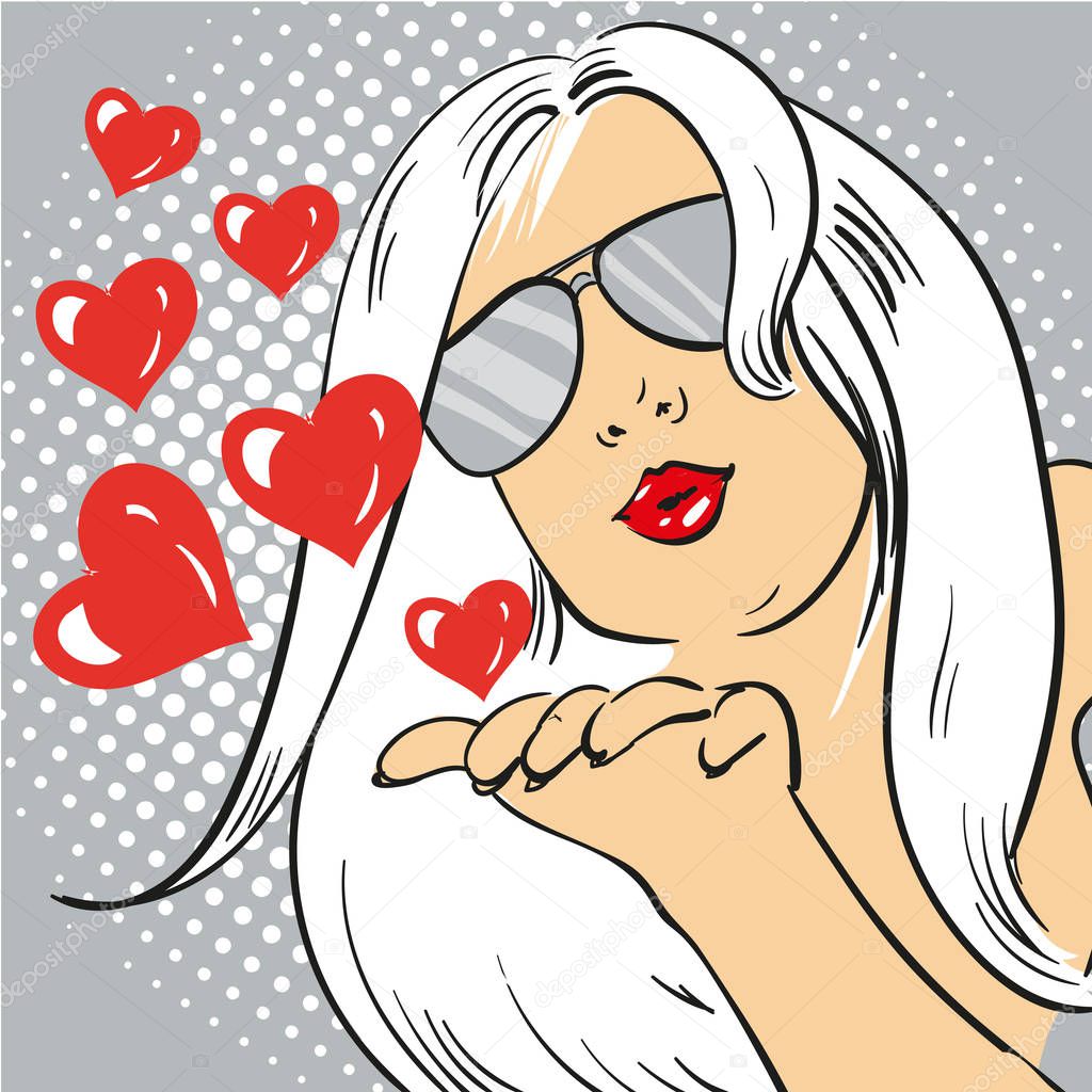 Woman sending kiss pop art comics vector