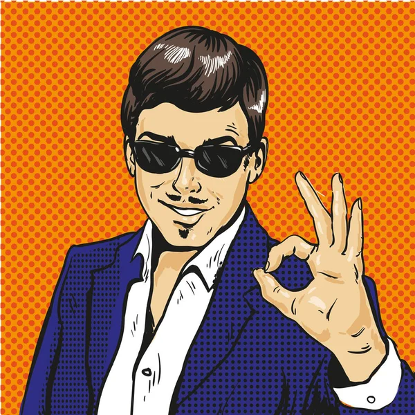 Retro uomo d'affari OK gesto pop art fumetto vettore — Vettoriale Stock