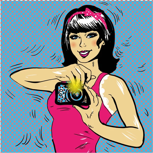 Brunette fille faire selfie pop art bande dessinée vecteur illustration — Image vectorielle