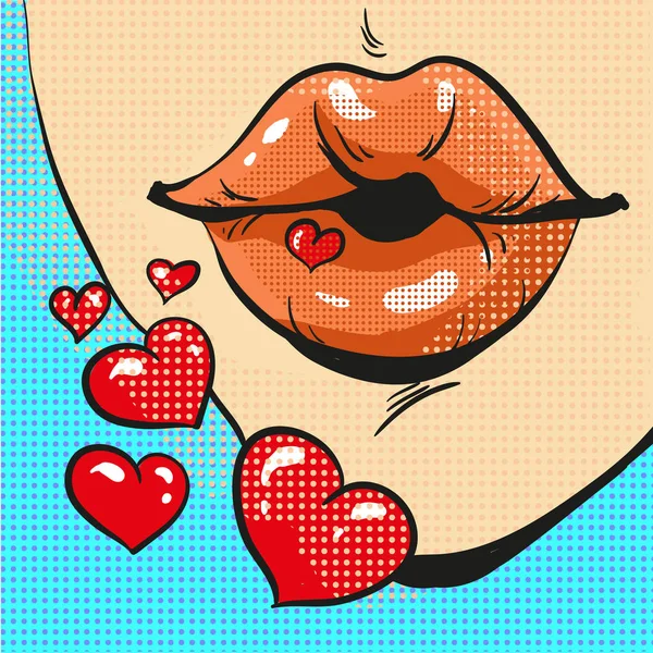Pop arte labios enviando beso con corazones cómic estilo vector — Vector de stock