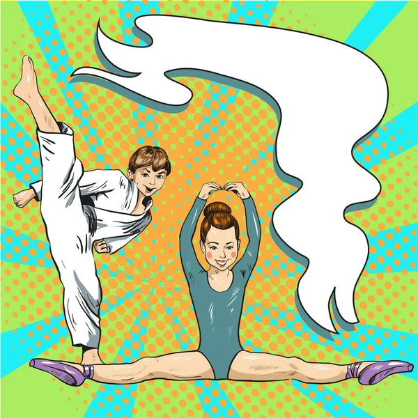 Happy sporty children in gym pop art retro vector Royalty Free Stock Illustrations
