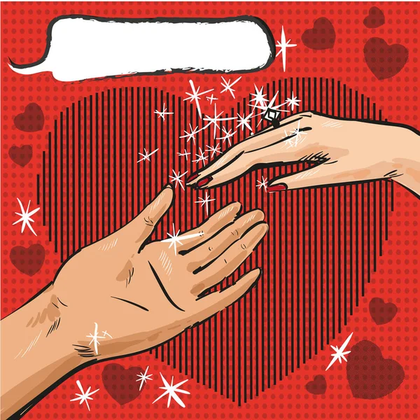 Άνδρας και γυναίκα χέρι με δαχτυλίδι pop art κόμικς — Διανυσματικό Αρχείο