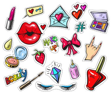 Moda yama rozetleri dudakları ve öğeleri pop sanat makyaj ile