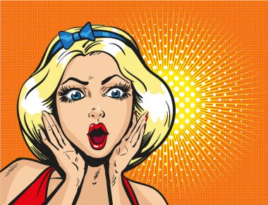 Pop art sarışın bir kadın yüzü açık ağız ile şaşırttı