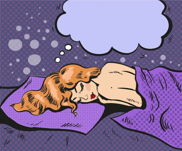 Pop art Fille comique dormir et rêver au lit, bulle de la parole — Image vectorielle