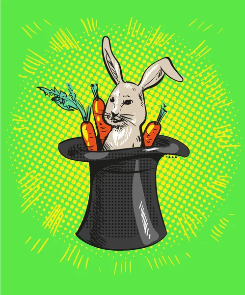 นักมายากลการ์ตูนน่ารัก กระต่ายกระต่ายออกมาจากหมวกชั้นบนกับแครอท — ภาพเวกเตอร์สต็อก