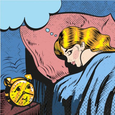 Pop art comic stili illüstrasyon kadar uyanma alarmı uyuyan kadın